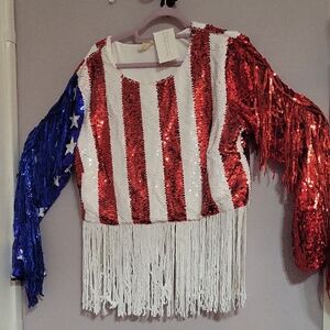 BiBi Red, White, and Blue Sequin Patriotic 4th Of JULY FRINGE SHIRT